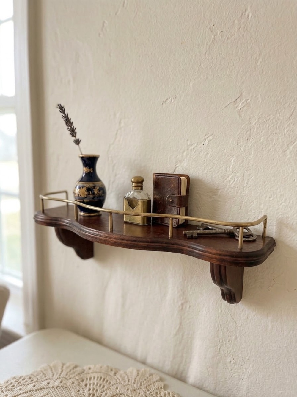 Vintage Dark Wood Wall Shelf Brass Gallery Rail Cottagecore Floating Ledge